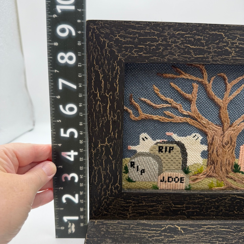 Halloween Needlepoint Framed Ghost Graveyard Spooky Shelf Sitter Handmade Art - Picture 12 of 13